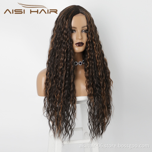 Afro Heat Resistant Friendly Cheapest Natural Mixed Black Brown Long Deep Wave Synthetic Hair Wigs Lace Front